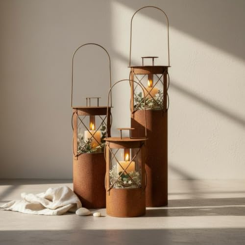 Edelrost Laterne Bella mit Glaseinsatz – Gartenlaterne Metall Rostoptik – Windlicht für Garten, Terrasse und Balkon – Rustikale Gartendeko für Kerzen - Höhe 69 cm inklusive Bügel