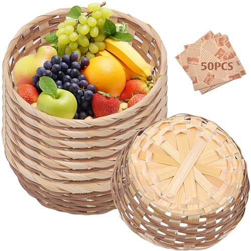 8 Pack Round Bamboo Gift Baskets with Baking Paper - 17cm Woven Bread & Fruit Serving Baskets, Natural Handmade Kitchen Storage Bins for Restaurant Display, Home Decor & Holiday Gifting