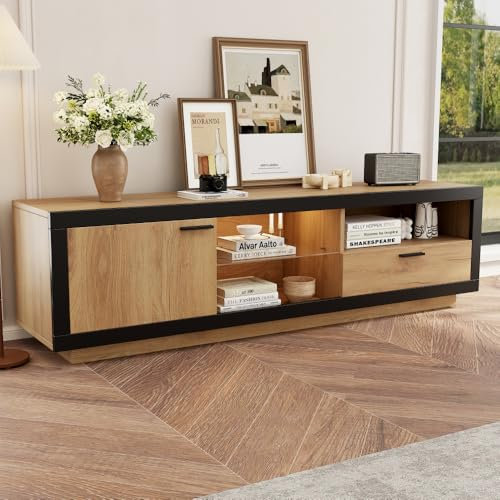 Meuble TV LED, Commode TV, Meuble TV lowboard Moderne avec étagères en Verre pour Salon, Chambre, Console TV avec Rangement, Meuble multimédia Gaming pour téléviseurs 70/65/55 Pouces, Noir et chêne