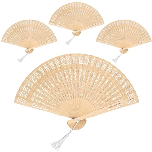VOSSOT Set med 4 fällbara trävibbar med vit tofs, helt genomskinligt design, beige fällbar vibb i naturlig stil för bröllop, dekoration och som sommarpresent