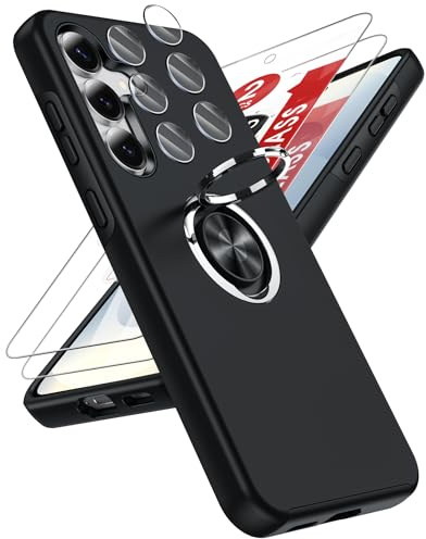 LeYi for Samsung Galaxy S25 FE Phone Case with 2 Screen, 2 Lens Protector | Invisible Metal Ring Stand Holder Shockproof Protective Mobile Cover for S25FE - Black