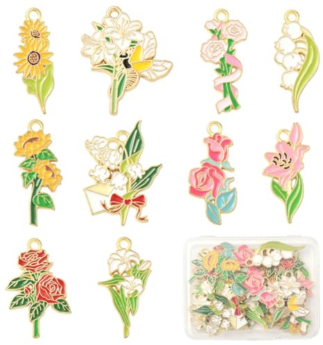 SUNNYCLUE 1 caja de 20 colgantes de Flores Esmaltadas de 10 estilos, Dorados, de Aleación de Metal, con Diseño de Girasol, Lirio, Rosa Y Lirio de los Valles, para Hacer Joyas, Collares, Pulseras Y Pen