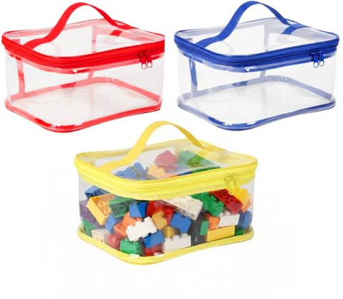 Werownsgs - 3 sacchetti per giocattoli con manici, in PVC trasparente, con doppia cerniera, borsa da toeletta da viaggio, riutilizzabile, impermeabile, contenitore adatto per blocchi da costruzione