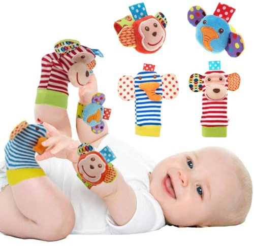 KEQAR 4 Pièces Chaussettes Rassel Bébé, Jouet de Développement en Peluche Douce, Bracelets et Chaussettes avec Peluches, Tissu Doux, Chaussettes Rassel Animaux pour Garçons et Filles (0-6 Mois) (C)