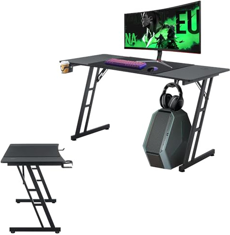 UISEBRT Mesa de gaming, mesa de ordenador para videojuegos con superficie de fibra de carbono, mesa ergonómica de hasta 150 kg, para dormitorio o oficina, 140 x 60 x 74 cm
