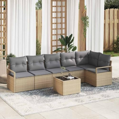 Bucmath Garten-Sofa-Set 7-teilig, Beige/Hellgrau, Poly-Rattan Outdoor Möbel mit Kissen, Modular für Terrasse, Garten, Balkon, Loungeset, wetterfest