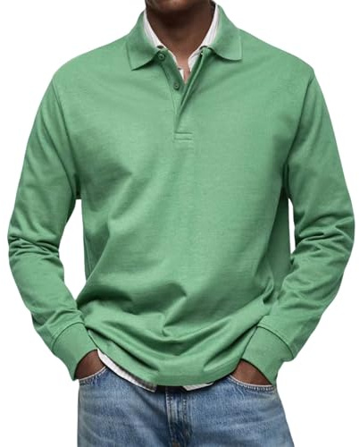 Polo de manga larga para hombre, cuello vuelto liso, con botones, ajuste regular, sin arrugas, camiseta de golf clásica, transpirable, para primavera y verano, casual, trabajo, deportes, salir