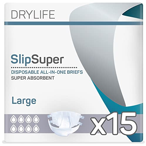 Drylife Slip Super Disposable All-in-One Unisex Incontinence Briefs - PE Plastic Backed, Fast Absorption, Anti-Leak Protection, Odour Control & Moisture Indicator - Large (1 Pack of 15)
