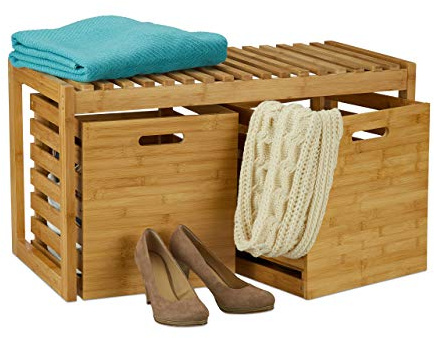 Relaxdays Panca con 2 Contenitori, in Bambù, per il Corridoio, per il Bagno, HxLxP: 44,5X80X40 cm, Legno Naturale