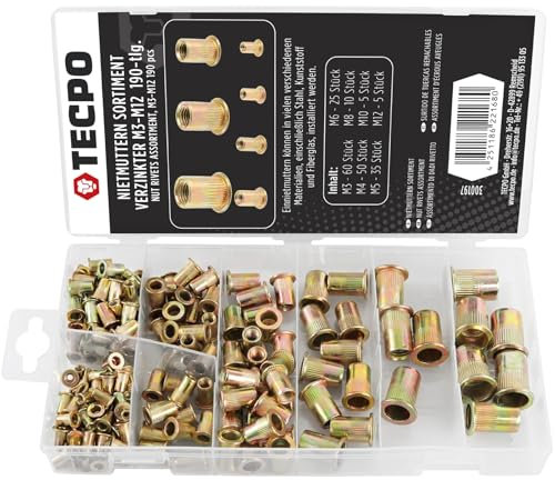 TECPO Nietmuttern Box Sortiment Verzinkter M3-M12 Nietmutter Blindnietmuttern für Nietzange 190-teilig