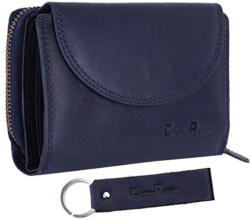 Chunkyrayan Echtleder Damen Geldbörse Hochwertig Vintage RFID Schutz inklusive Leder Schlüsselanhänger GB-3 Blue
