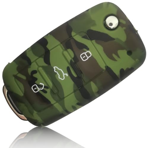 FOAMO Autoschlüssel Hülle Kompatibel mit VW Golf 6, SEAT, Skoda Autoschlüssel Silikon-Hülle Schlüssel-Hülle Schutz-Hülle für Autoschlüssel Camouflage Dunkel-Grün Dunkel-Braun Beige