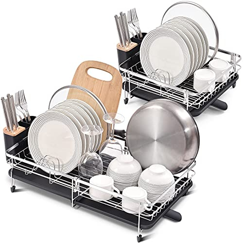 KINGRACK Expandable Dish Drainer Rack,Adjustable 304 Stainless Steel Dish Rack,Foldable Dish Drying Rack with Removable Cutlery Holder Swivel Drainage Spout,Anti-Rust Plate Rack for Kitchen 1 Piece