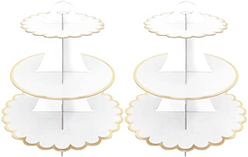 Lot de 2 supports à gâteaux ronds en carton à 3 étages pour anniversaire, fête, fête prénatale (blanc)