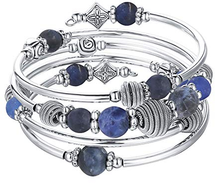 Bulinlin Silber Wickelarmband mit Naturstein Perlen Boho Mehrschichtiges Damen Armbänder Geburtstags Modegeschenk für Frauen(Navy Blue)