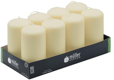 Müller Stumpenkerzen Creme, Elfenbein - Set mit 8 Blockkerzen - 57 x 120 mm - 32 Stunden Brenndauer - Ohne Duft - Kerzen für Haushalt, Feiern und Gastronomie