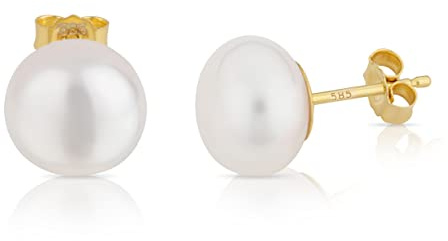 NKlaus Perlenohrringe Gold 585 echt, Ohrstecker mit Süßwasserperle, 2 Stück | Handverlesene weiße Boutonperlen, 10 mm; Paar Ohrschmuck aus 14 Karat Gelbgold für Damen