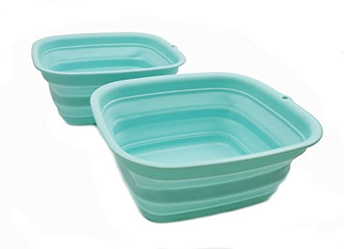 SAMMART 7.7L Collapsible Tub - Foldable Dish Tub - Portable Washing Basin - Space Saving Plastic Washtub (Lake Green (Set of 2))