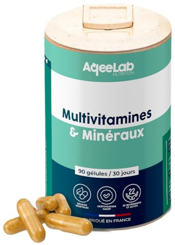 Multivitamines & Minéraux • Réduit la fatigue & boost l’énergie • 22 vitamines, minéraux & actifs naturels: A,B,C,D,E, Magnésium, Zinc • 30 jours • Fabrication FR • marque écoresponsable • AqeeLab