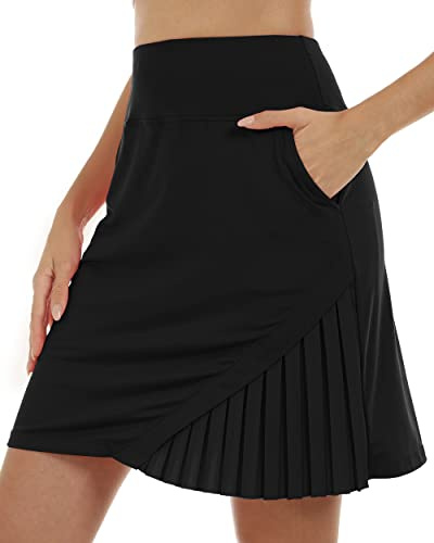 MoFiz Women's Tennis Skirt Pleated Golf Skorts High Waisted with Pockets Inner Shorts Athletic Skirts for Workout Sports Work Wear Black Size US L