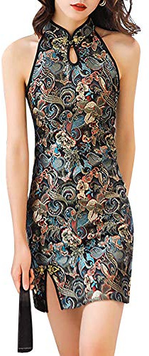 Disfraz sin Mangas con Cuello mandarín de Cheongsam, diseño Tradicional Chino de dragón fénix, Abertura Lateral, para cóctel, Mini Disfraz Ajustado (40-Azul, L)