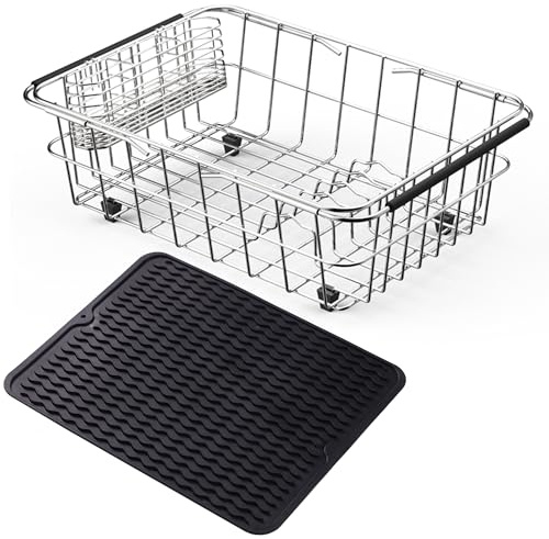 NiuYichee Stainless Steel Dish Drying Rack(15.2L X 11W X 5.3H), Expandable Fruit & Vegetable Drain Rack over Sink, Dish Drainer Rack in Sink, with Stainless Steel Utensil Holder & Silicone Mat(16)