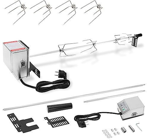 Jopassy Grillspieß Set, 107cm Elektrischer Drehspieß, 220V-240V Edelstahl Motor, mit 4 Fleischnadeln, Rotisserie Drehspieß, Traglast 10KG, Hochwertiger BBQ Grillspieß, Silber