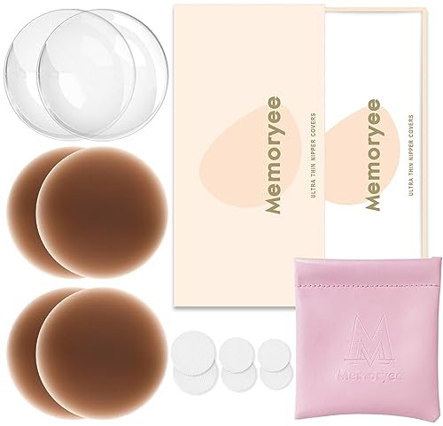 Memoryee Nippelpads, Ultra Dünne Damen Nippel Cover mit Brustwarzenschutz Wiederverwendbar und Waschbare Selbstklebende Brustwarzen Nippelabdeckung aus Hochwertigem Silikon [8 cm]/Dark Brown/2
