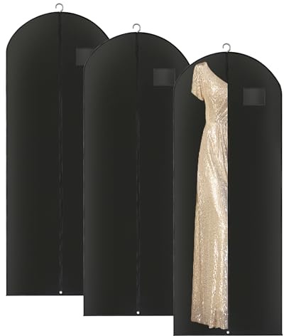 CHENGBAIBAG Black Long Dress Garment Bags for Hanging Clothes Travel, Set of 3 Portable Men's Business Travel Suit Bags,Clothes Protector Waterproof for Long Coat, Fur, Mink, Gown (63x23.8 inch)