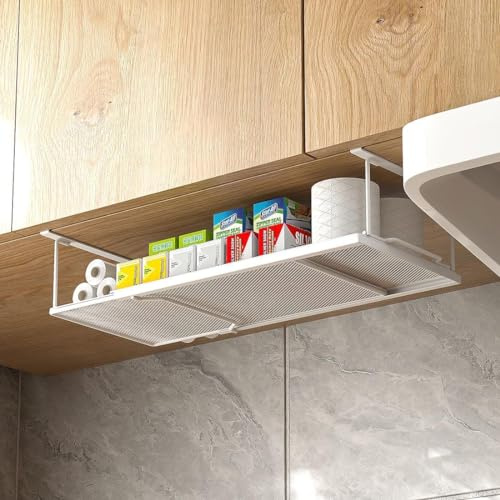 Fuyoula Cestello Portaoggetti in acciaio, cesto sotto ripiano organizer dispensa multifunzionale,per la cucina, il mobile, la dispensa, l'armadio, il bagno, la scrivania e l'ufficio (Bianco)