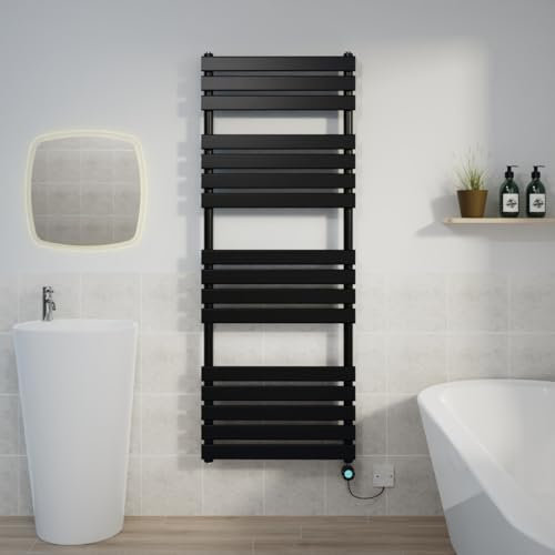 Warmehaus 1600x600mm Black Designer Flat Panel Electric Heated Towel Rail Thermostatic Timer Bathroom Towel Radiator 800W
