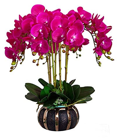 HWSY Fleur Artificielle en Pot Orchidée Phalaenopsis Artificielle Bonsaï Fausses Fleurs avec Arrangement de Vase 9 Têtes PU Bonsaï pour Décoration de Table de Bureau à Domicile Centre de Table: O