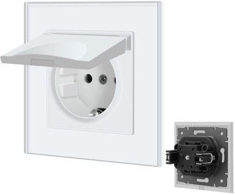 BSEED Steckdose 1 Fach mit Wasserdichter Abdeckung, Schuko Steckdose mit Steckklemme, Unterputz Steckdose mit Kristall Glas Platte, Einzel Steckdose Einbausteckdose 16Amp Wandsteckdose 86mm, Weiß