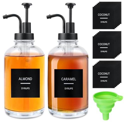 SUNOYA Kaffesmakkoncentrat Dispenser glasset, kaffesirap pumpdispenser, vinäger och oljeflaskor, olivolja dispenserflaska med klistermärken, tratt, 500 ml
