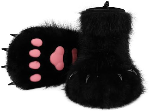 hbbhml Djur luddiga tofflor björn katt varg hund räv pälsdräkt fötter tass klo skor lurviga stövlar kostym tillbehör för vuxna barn, Svart2, One Size Women/One Size Men