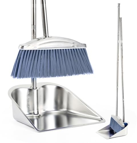VOOWO Broom with Dustpan Combo Set, 46 Stainless Steel Broom and Dustpan Set for Home, Heavy Duty Dust Pan with Long Handle, Broom for Sweeping Indoor and Outdoor, Kitchen Broom and Dust Pan (Grey)