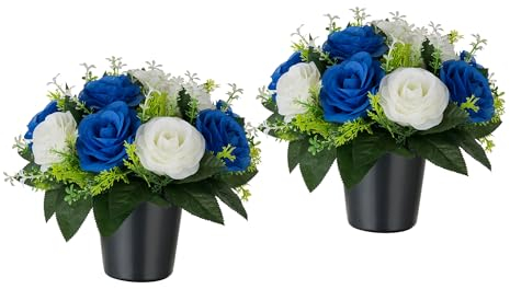 BLOSMON Artificial Grave Flowers Pots: 2 Pcs Blue Rose Silk Cemetery Flower Funeral Outdoor Decoration Memorial Floral Decorative Graveside Ornaments Fake Bouquet with Holders