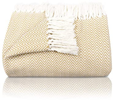Gräfenstayn Premium Couvre-lit avec Franges - 100% Coton - 180 x 240 cm, Couverture d'été à Chevrons en Coton pour Le lit et Le canapé, Couvre-canapé & Couverture de canapé (Beige)