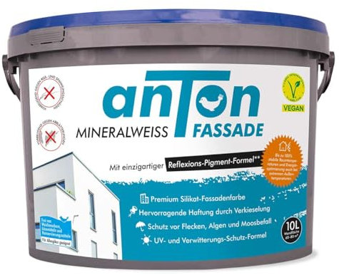 Anton Weiss Premium Fassadenfarbe | Silikat für außen | Direkt auf Altanstriche, Stein, Holz | Höchste Deckkraft | Weiß | 10Liter70-80m2 | Riss/Abblätterungs-Schutz | UV-Witterungsstabil