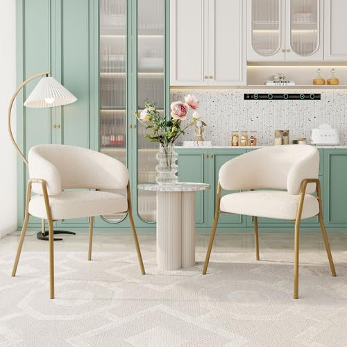 Lexiou Weißer Esszimmerstuhl Moderner Lamm Samt Spraygold in Gold-Finish, mit Goldene Beine (2)
