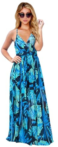 HEYPORK Damen Frühling Sommer Kleider Bequem Lässig Modern Elegant Röcke Frauen Kleid Böhmischen Floralen Halfter Langes Kleid(Blau, M)