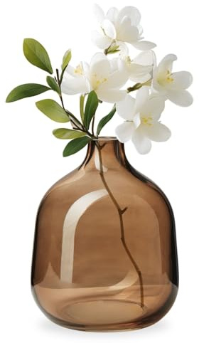 Torre & Tagus Belle mundgeblasene Glasvase für Blumen, 12,7 cm hoch, transparent, Hellbraun, Bunte Vase, handgefertigte kleine braune Vase für Heimdekoration, braune Knospenvase als dekoratives