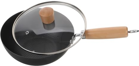 Mikinona Small Wok Pan with Lid, Wrought Iron Kitchen Frying Pan