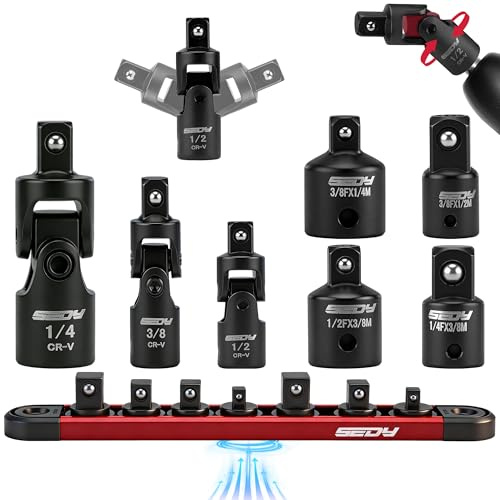 Universal Joint Socket Reducer: 7-Piece Impact Wobble U Joint & Adapter Set with Magnetic Aluminum Storage Rail - Premium Cr-V Steel 1/4, 3/8 & 1/2 Drive
