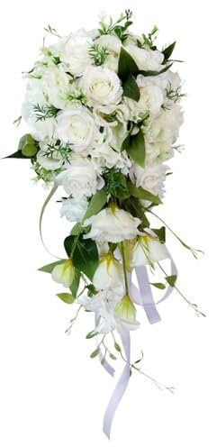 KYEQATY Bridal Bouquet Wedding Bouquet Teardrop Romantic Bridal Bouquet Cascading Artificial Rose Bouquet for Bride Holding Wedding Centerpiece Decor Style 1