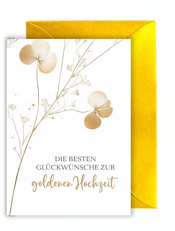 WBdesignz Goldene Hochzeit karte mit Umschlag - Geschenkkarte zum Jahrestag mit Glückwünschen Gold Lunaria Silberblatt Glückwunschkarte zum Hochzeitstag Liebe Ehe Ehepaar Jubiläum (DIN A6)