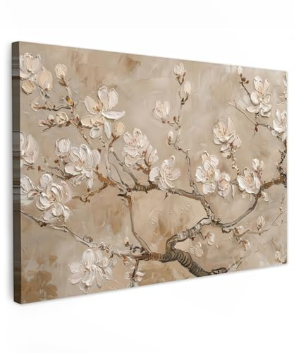 MuchoWow© Wandbilder Schlafzimmer Home Deko Wohnung Bild Wohnzimmer | 90x60 cm - Fotoleinwand Wand Bilder Leinwand Wall Decor Blumen - Modern - Beige - Weiß - Blüte
