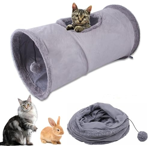 Túnel para Gatos Plegable, Juguete túnel de Gato en Gamuza, Juguete con Pompón y Colgante para Gato, Gran túnel para Gato de Interior Conejos, para Gatos,Cachorros,Conejos,Cobayas (Gris-30 * 68cm)
