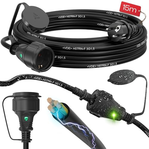 maxgo Outdoor Verlängerungskabel Außen Schuko Verlängerung Rasenmäher Kabel Stromkabel Außenbereich Extension Cable Verlaengerungskabel Garten Kabelverlängerung Elektrokabel Schukostecker, Größe:15m