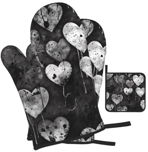 Set di 3 guanti da forno e presine a forma di cuore, resistenti al calore fino a 180 °C, guanti da forno lunghi e presine, guanti da cucina antiscivolo per cottura e barbecue